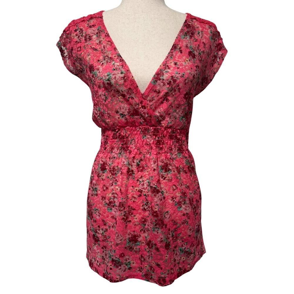 Vanity Babydoll Floral Mesh Sheer Top Womens Medium Pink Floral Lace Y2K Fairy
